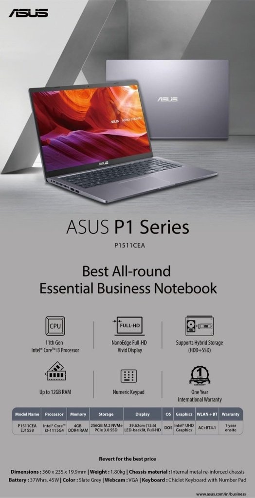 ASUS - P1511CEA EJ1558 CI3,4GB,256SSD,DOS,15.6 FHD