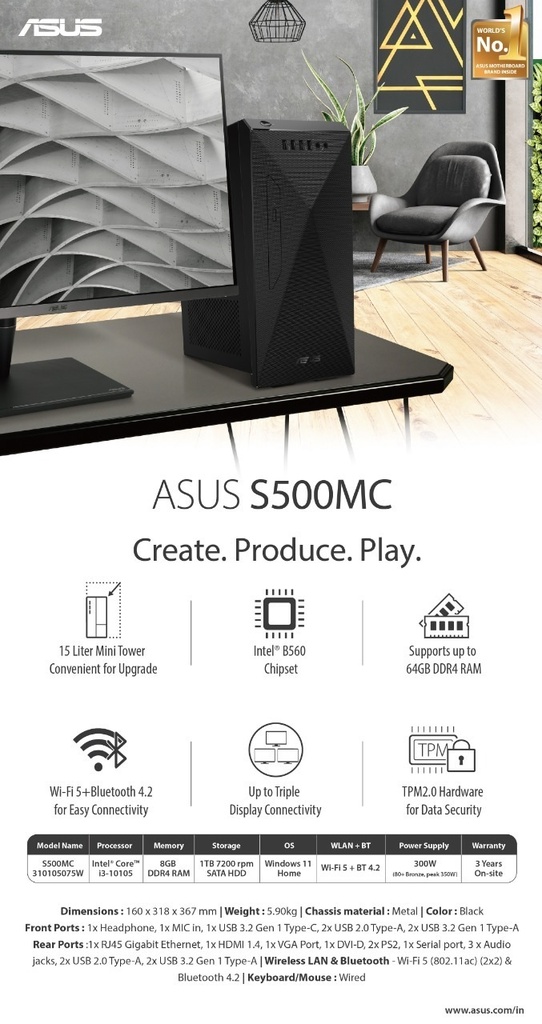 ASUS - S500MC 310105075W CI3,8GB,1TB,WIN11H